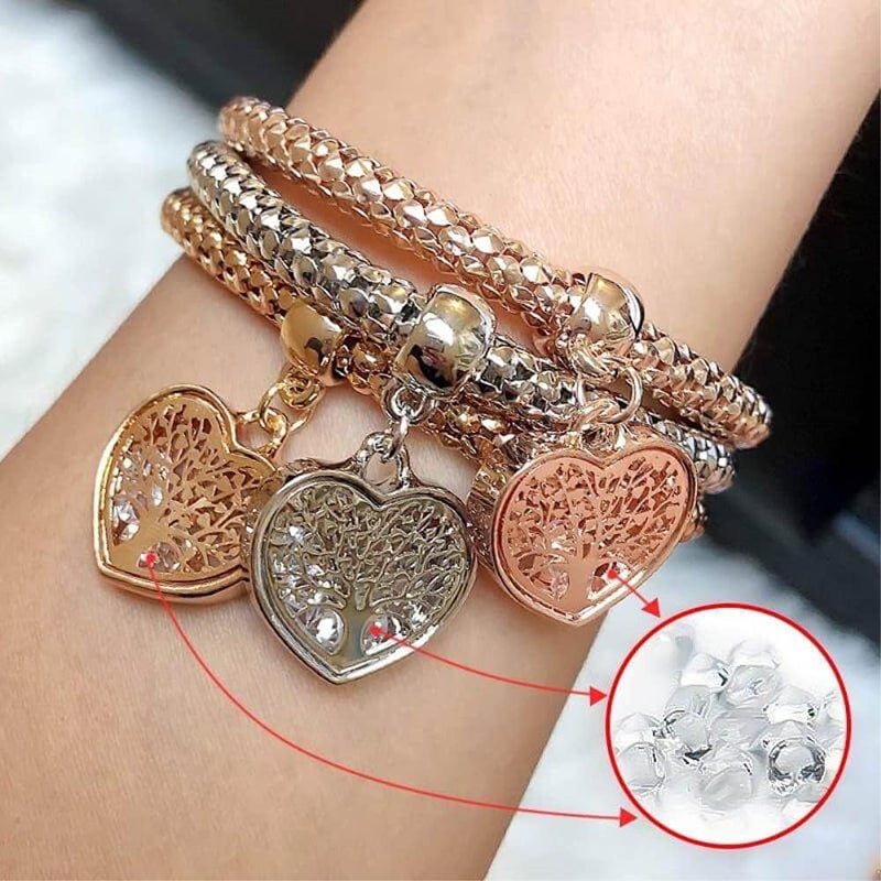 SILANER Crystal Charms Multilayer Bracelets - 3PCS Gold/Silver/Rose Gold Corn Chain Bracelet for Women, Tree of Life Heart Shaped Stretch Bracelet - Image 3